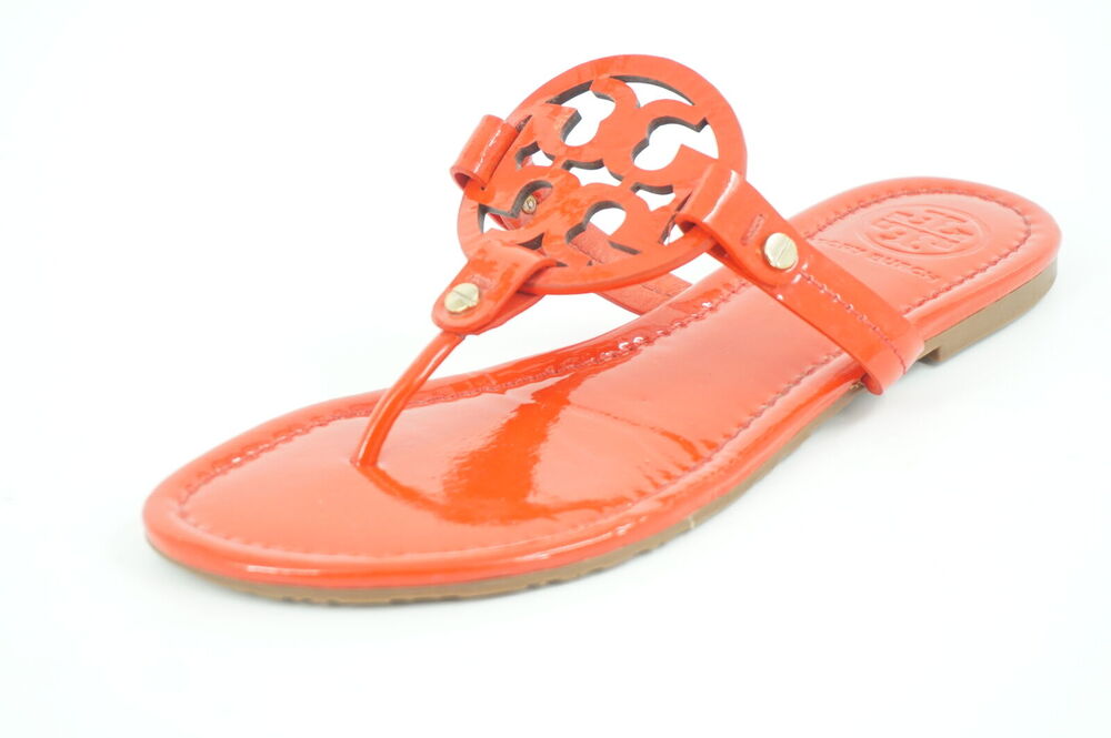 New Tory Burch Miller Poppy Red Patent Thong Sandals SZ 7.5 $275 Logo